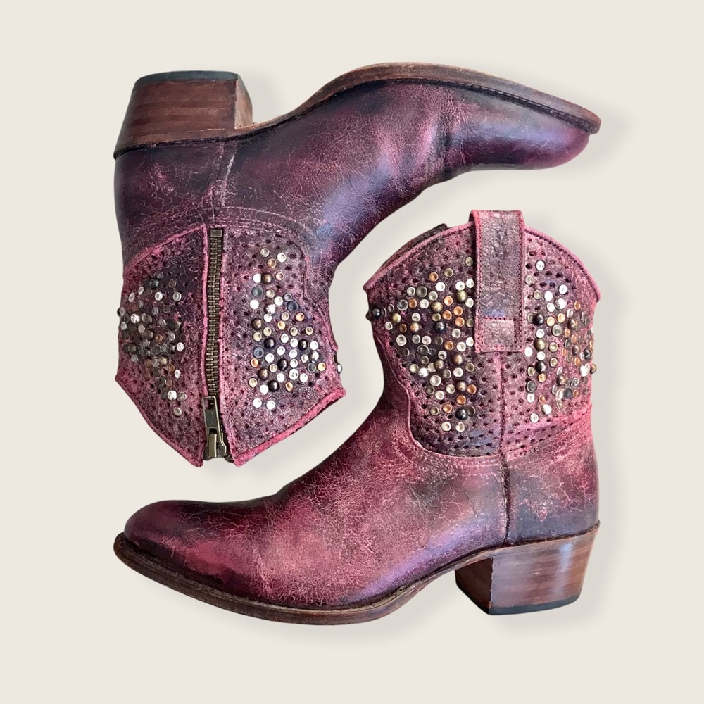 RARE Frye Deborah Stud Harness Purple Vintage/Antique Leather Cowboy Ankle Boots